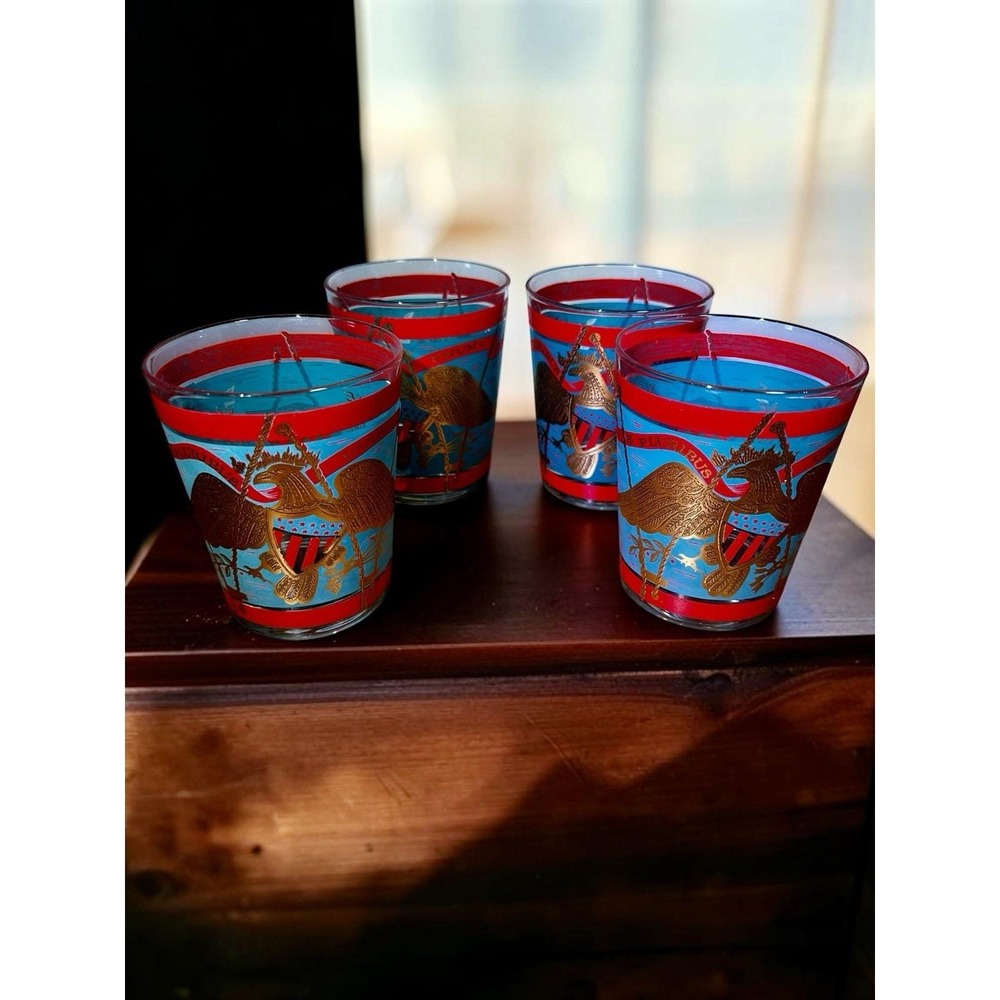 Vintage Set / 4 Cera E Pluribus Unum Rocks Cocktail Glasses 4.5" Tall Patriotic